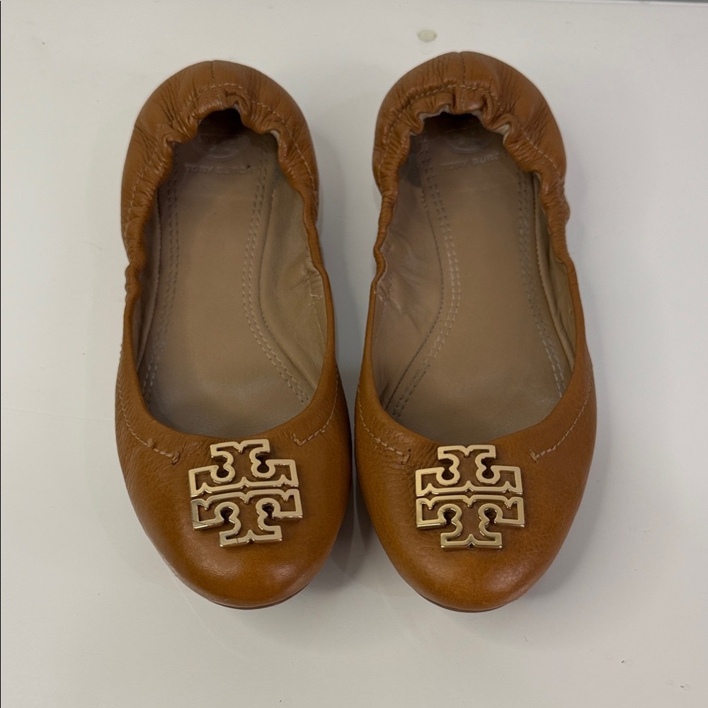 Tory Burch Tan Melinda Leather Logo Ballet Flats